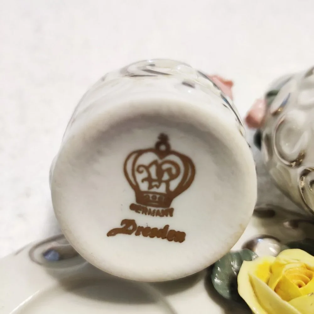 Vintage Dresden Floral Heart Salt and Pepper Set